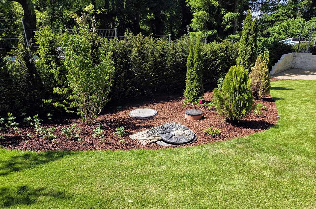 Ein gepflegtes Beet im Garten mit Sträuchern und Rasen im Vordergrund