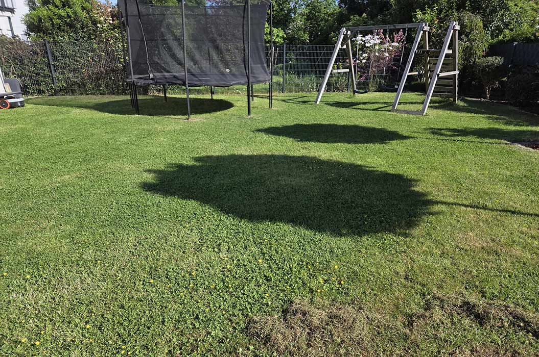 Ein Garten mit Trampolin und Schaukel auf grünem Rasen im Sonnenschein