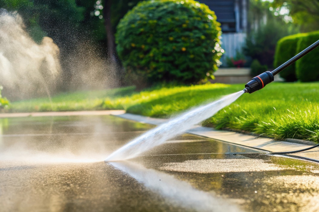 Hochdruckreinigung der Terrassenoberfläche Reinigung von gepflasterten Außenflächen mit Hochdruckwasserstrahl, für ein erfrischend sauberes Aussehen