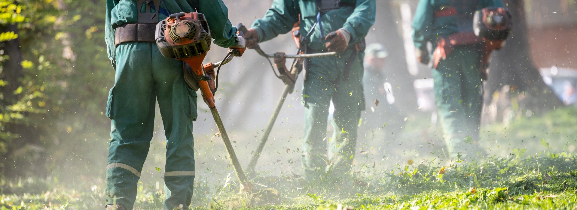 Landschaftsgärtner arbeiten an einem sonnigen Tag, um das Gras zu schneiden und einen Park im Frühherbst zu pflegen, um Gärten und öffentliche Räume zu fördern