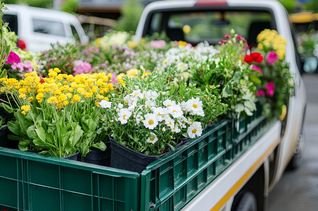 Lastwagen, der Blumen und Pflanzen an ein Gartencenter liefert
